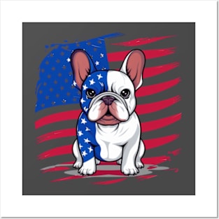 A cartoon French bulldog with American flag Posters and Art